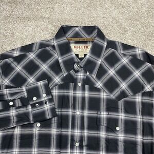 Miller Ranch‎ Shirt Men's Large Pearl Snap Black White Plaid Long Sleeve Western